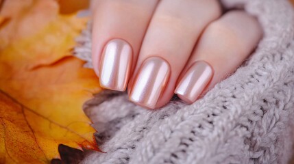 close-up of iridescent rose gold manicure, soft gray knit sweater sleeve, amber autumn leaf in background, warm natural lighting, macro photography