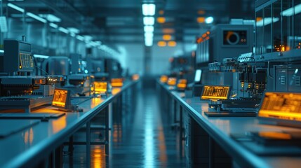 long control room in a high-tech factory illuminated by blue lights, featuring rows of computer monitors and control panels, representing modern industrial technology and automation