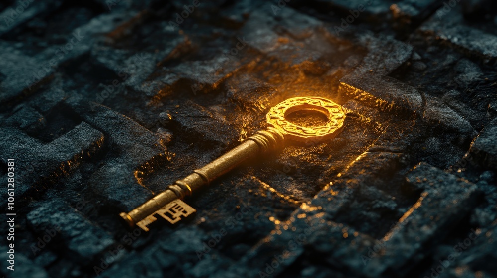 Bright golden key in a dark labyrinth, [path to success], [concept of ...