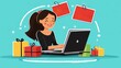 © Cathynew - Woman with laptop, Black Friday sale icons and deal tags, flat design illustration