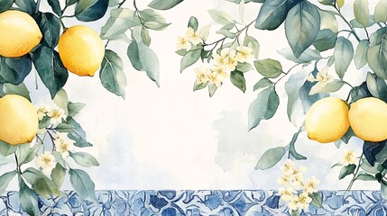 56.A delicate watercolor border of bright yellow lemons, lush green leaves, and small white flowers, beautifully paired with intricate blue Mediterranean tiles, creating a fresh and elegant