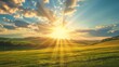 © tanongsak - Bright sunburst over a serene countryside scene with soft, rolling hills and ample space in the sky for personalized content