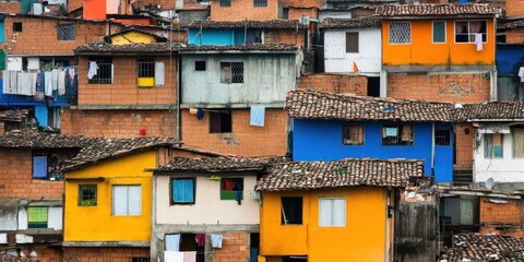 A vibrant hillside community with colorful houses and hanging laundry.