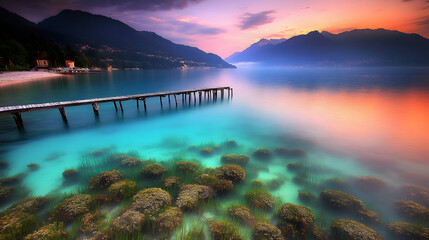 Poster - A serene view of a wooden pier extending into calm, turquoise waters, surrounded by lush mountains at sunset.