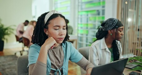 Aufkleber - Laptop, thinking and education with woman in study hall for learning, entrance exam and scholarship. University, idea and future with student in college for solution, research and problem solving
