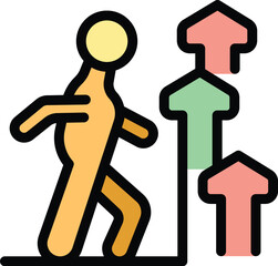 Poster - Businessman is walking towards a growth chart with three colored arrows pointing upwards