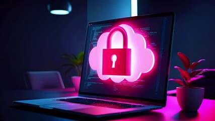 Close-up of a laptop with a glowing cloud and padlock icon on the screen.