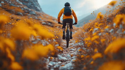 mountain biker navigating a rough trail, intense focus and rugged natural setting, thrill of adventure sports