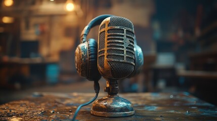 An old vintage microphone with a pair of modern headphones on a rustic wooden table.