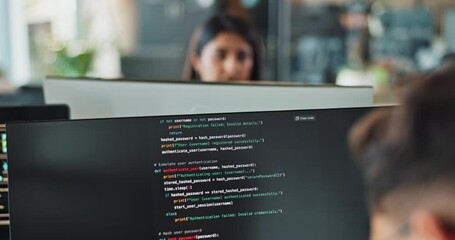 Leinwandbilder - Computer, monitor and business person coding software for app development in creative startup office. Screen, programmer and closeup of engineer working on ui design, database or upgrade ai algorithm