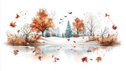 Aufkleber - Charming illustration of a November landscape with trees shedding leaves and soft golden hues, perfect for autumn-themed graphics, isolated on a bright white background