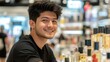 © sirisakboakaew - Handsome young man at a mall perfume counter, smiling as he chooses a fragrance, capturing the joy of a refined shopping experience