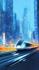 Poster - Futuristic high-speed train effortlessly gliding through a vibrant urban landscape at dusk