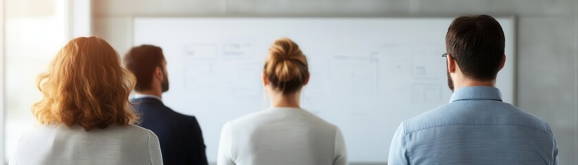 Poster - A group of people from behind, facing a whiteboard in a bright setting, likely engaged in a discussion or presentation.
