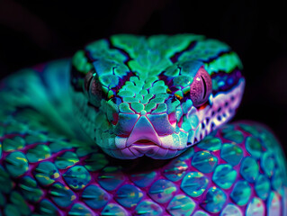 Wall Mural - close-up of vibrant neon green and purple snake in low light