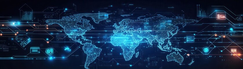 Poster - a digital world map with glowing connections and data points, illustrating global networking and geo