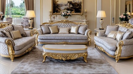 Elegant living room with a large grey sofa, two armchairs, a coffee table and a rug.