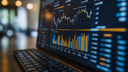 Poster - A laptop screen shows a graph of stock prices. The graph is in black and yellow colors, with the yellow lines representing the highest points and the blue lines representing the lowest points