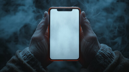 Poster - A person holding a phone with a white screen. The phone is in a hand and the person is in a dark room