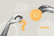 © Наталья Косаревич - Trendy halftone collage. Problem solving concept, question and answer, ask for answer or idea, to solve problem, business solution. Hand with a question gets a ready idea, answer. Illustration for web