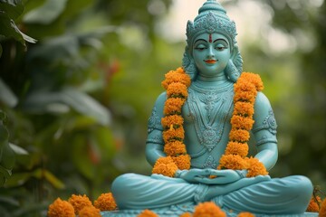 Serene Blue Statue Surrounded by Marigold Flowers