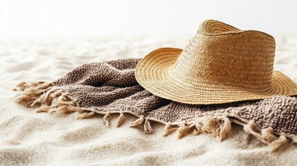 A straw hat and a beach towel laid out on soft sand, representing the perfect beachside relaxation, isolated on a clean white background.