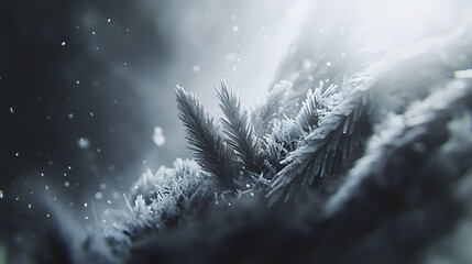 Poster - A close-up view of frosty pine branches illuminated by soft light, creating a serene winter landscape filled with delicate snowflakes.