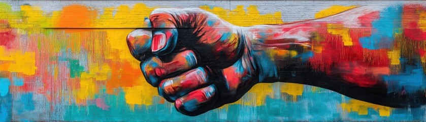 Giant mural of a clenched fist holding a ballot, painted in bright spray paint, bold strokes represent power and activism, raw and dynamic urban art