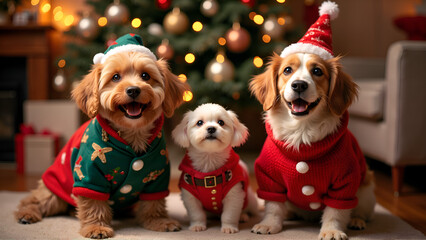 Embrace the joy of the season with adorable festive dogs in a heartwarming scene, photography of holiday celebration concept.