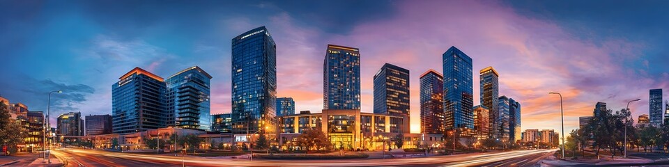 A city skyline at dusk with a large building in the middle