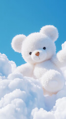 Wall Mural - 3D cute teddy bear fluffy white clouds shape blue sky cloudscape adorable pet animal fashion healing wallpaper background with copy space