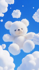 Wall Mural - 3D cute teddy bear fluffy white clouds shape blue sky cloudscape adorable pet animal fashion healing wallpaper background with copy space