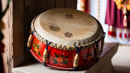 A traditional Indian drum with red and orange floral designs on its body.