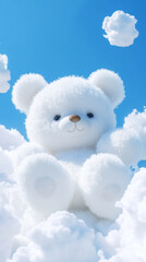 Wall Mural - 3D cute teddy bear fluffy white clouds shape blue sky cloudscape adorable pet animal fashion healing wallpaper background with copy space