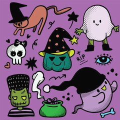 Hand Drawn Cute Halloween Doodle Icons Isolated on Purple Background