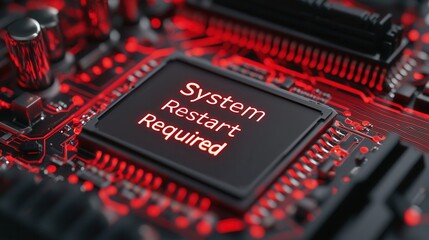 close-up of a computer motherboard with a glowing message indicating a system restart is required.