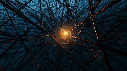 The image shows a close-up view of a network of branches against a dark blue sky with a bright orange glow in the center.