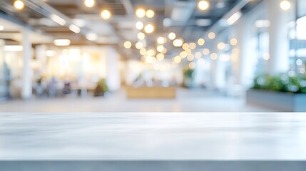 Poster - White Table Mockup in Blurred Office Background Simple Neutral Background with Free Space for Design