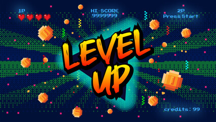 Poster - LEVEL UP text with gold coin ,with life hearts indicator on blue background.pixel art .8 bit game.retro game. for game assets in vector illustrations.	