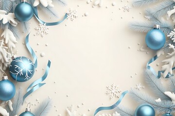 Wall Mural - Vector Christmas background with blue baubles, ribbons, and snowflakes on a light pastel color. Flat illustration for a New Year poster or greeting card template 