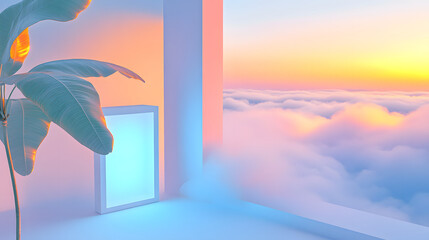 Poster - A serene interior scene featuring a window overlooking clouds and a colorful sunrise, complemented by a stylish plant and soft lighting.