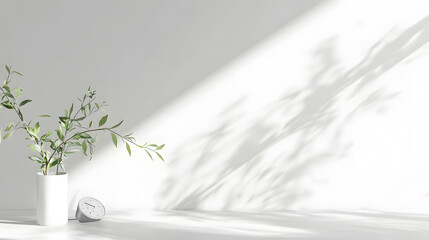 Poster - A minimalist scene featuring a plant in a white pot casting gentle shadows on a bright, white surface, highlighting natural light and tranquility.