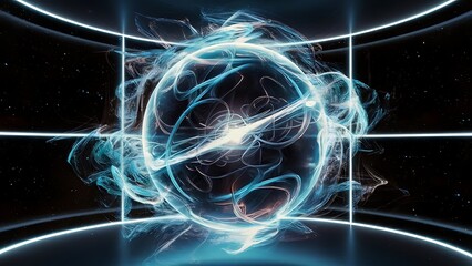 Poster - Abstract Energy Orb in Glowing Space. A glowing, blue orb with swirling energy lines within, surrounded by a grid of light beams in a dark, starry space.