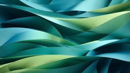 Poster - Abstract Green Blue Paper Wave Pattern Background. A closeup image of a wavy abstract background featuring layered green and blue paper strips.