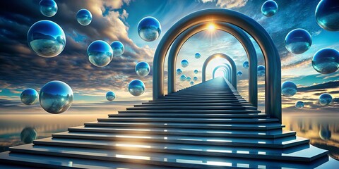 a gleaming staircase ascends towards a luminous portal, surrounded by ethereal spheres floating amid