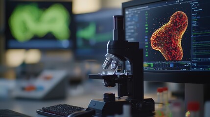 Poster - Microscope showcasing detailed cellular structure on screen in a modern laboratory setting.