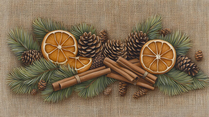 Poster - A festive arrangement featuring dried orange slices, cinnamon sticks, and pine cones on a natural burlap background.