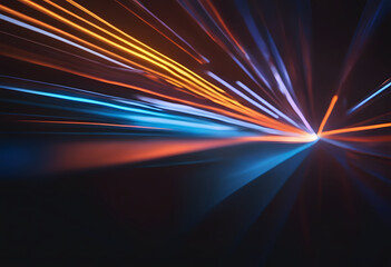 Abstract image of blue and orange light beams converging on a dark background.