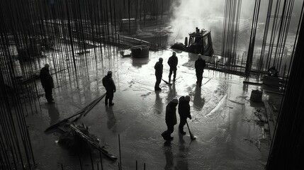 Silhouettes of Construction Workers with Concrete Pouring, Black-and-White Industrial Photography