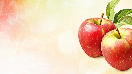 Poster - Two Red Apples with Green Leaves on a Light Background